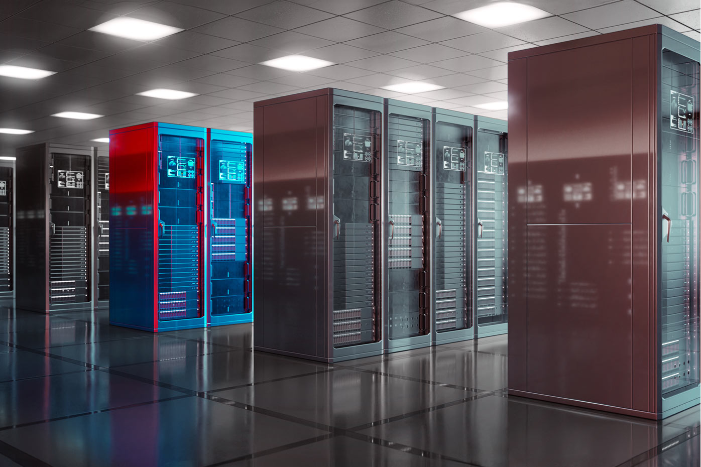 Computer server room with a red server