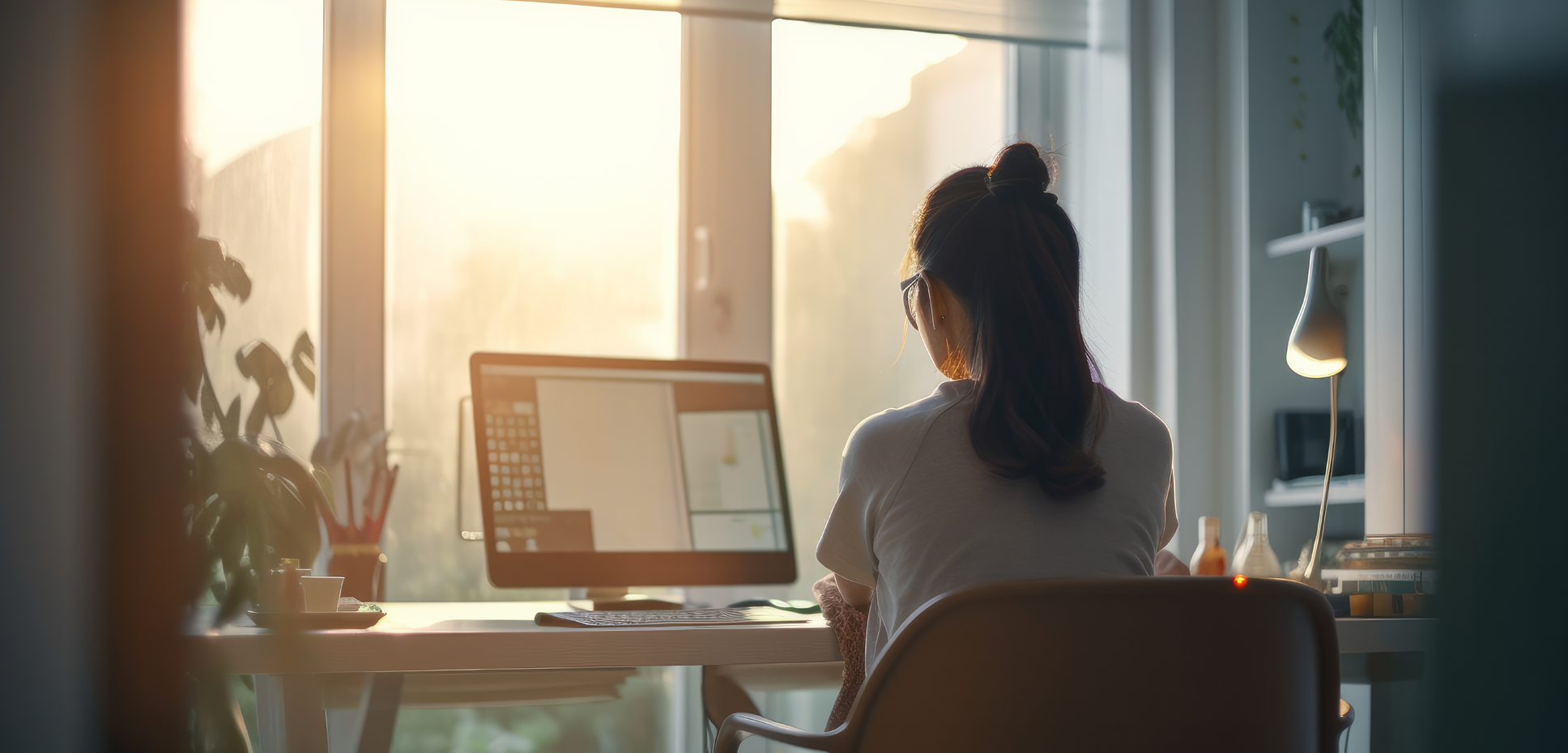 A woman faces her computer as morning sun streams through the window.