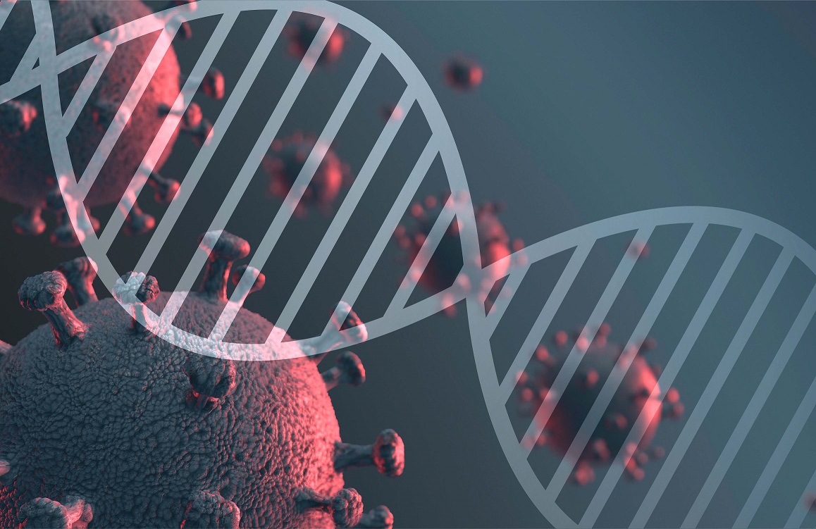 DNA and red COVID molecules