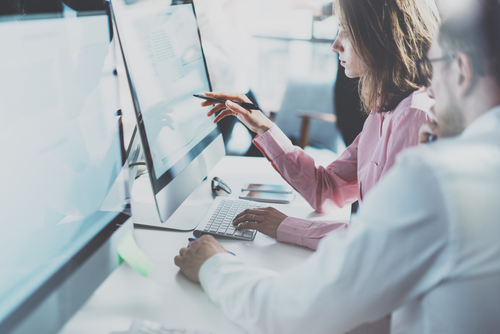 Woman working at computer screen, performing analysis