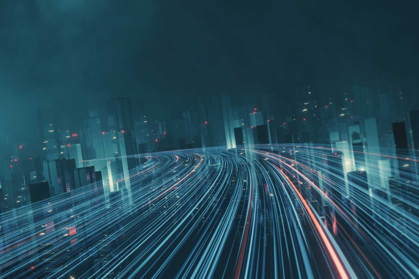 Image of streaks of light over urban landscape