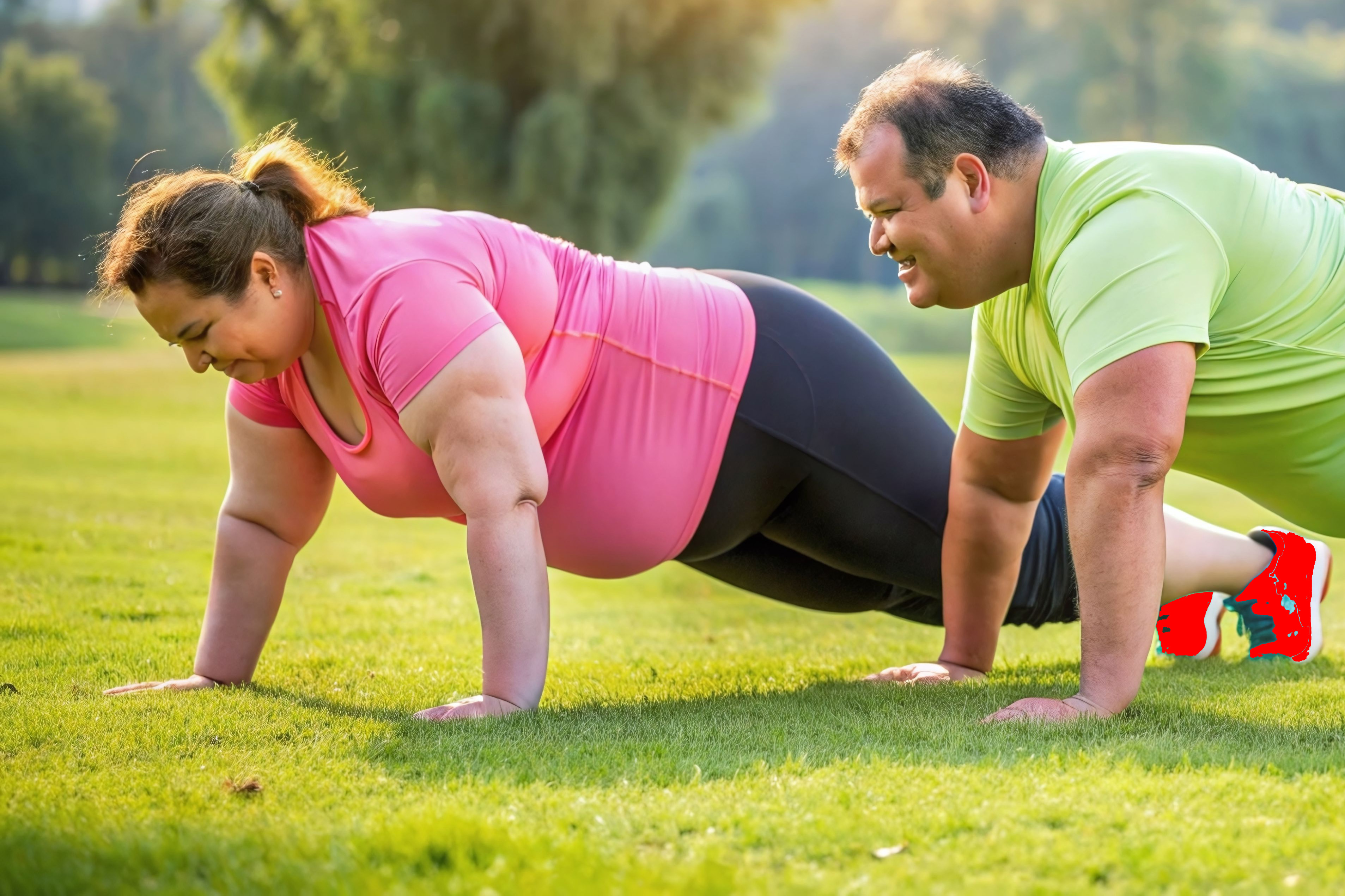 Man and woman doing pushups outside